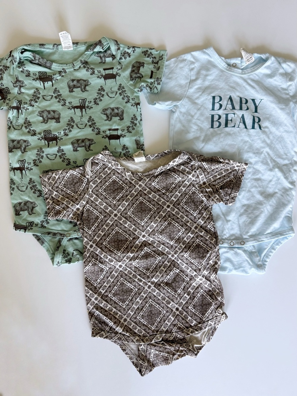 kate quinn Mint Green, Light Blue, Brown Patterned Baby Bodysuit Set